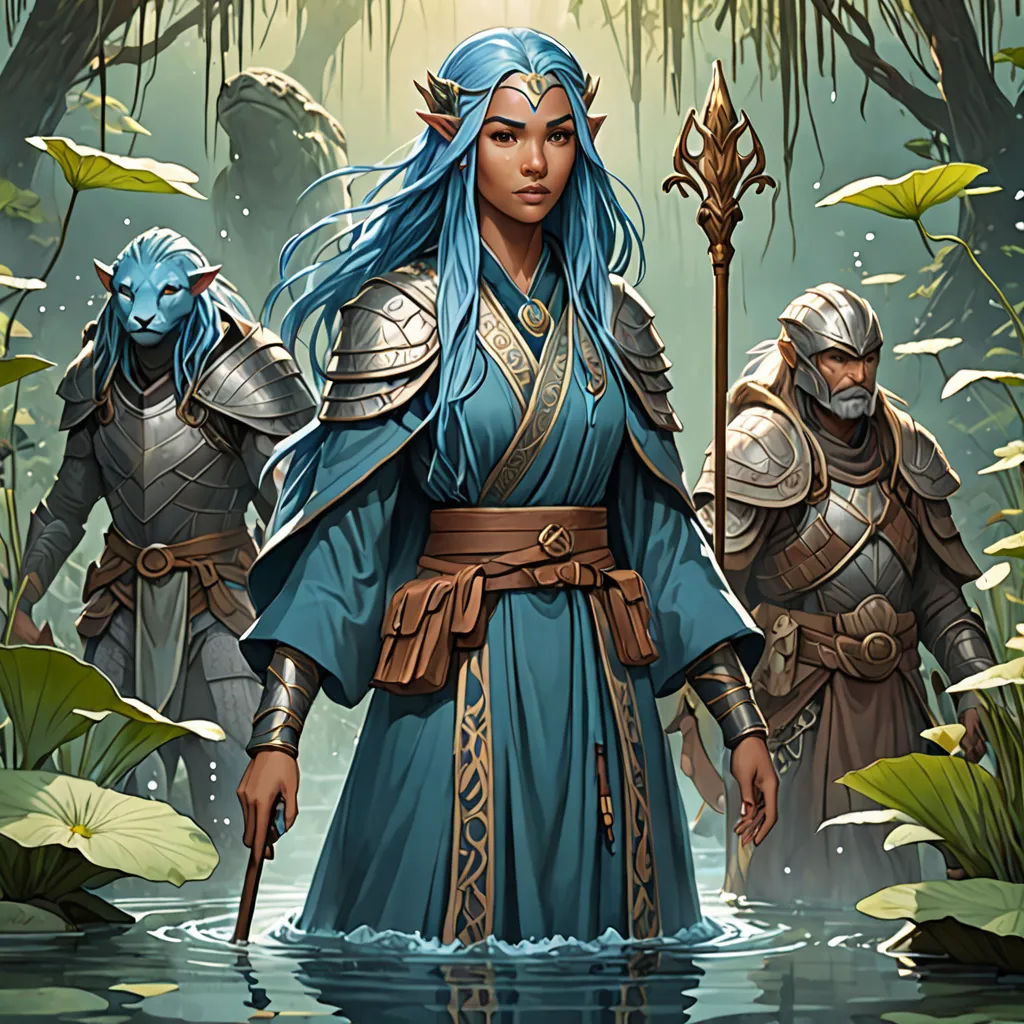 a woman in a blue dress standing in a swamp with two other women in armor and holding spears in her hands, Clint Cearley, fantasy art, a character portrait, magic the gathering artwork