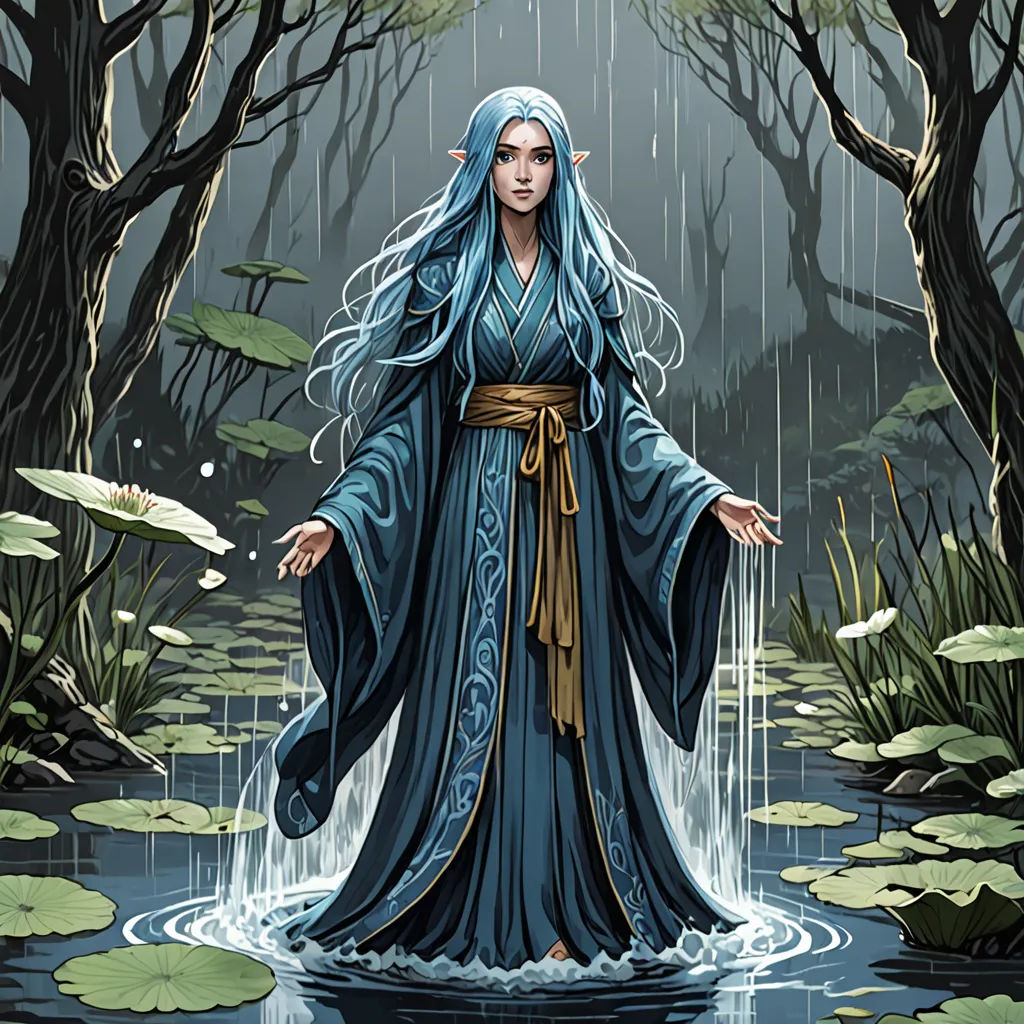 a woman in a blue dress standing in a pond of water with lily pads on the ground and trees in the background, Anne Stokes, fantasy art, a storybook illustration, fantasy artwork