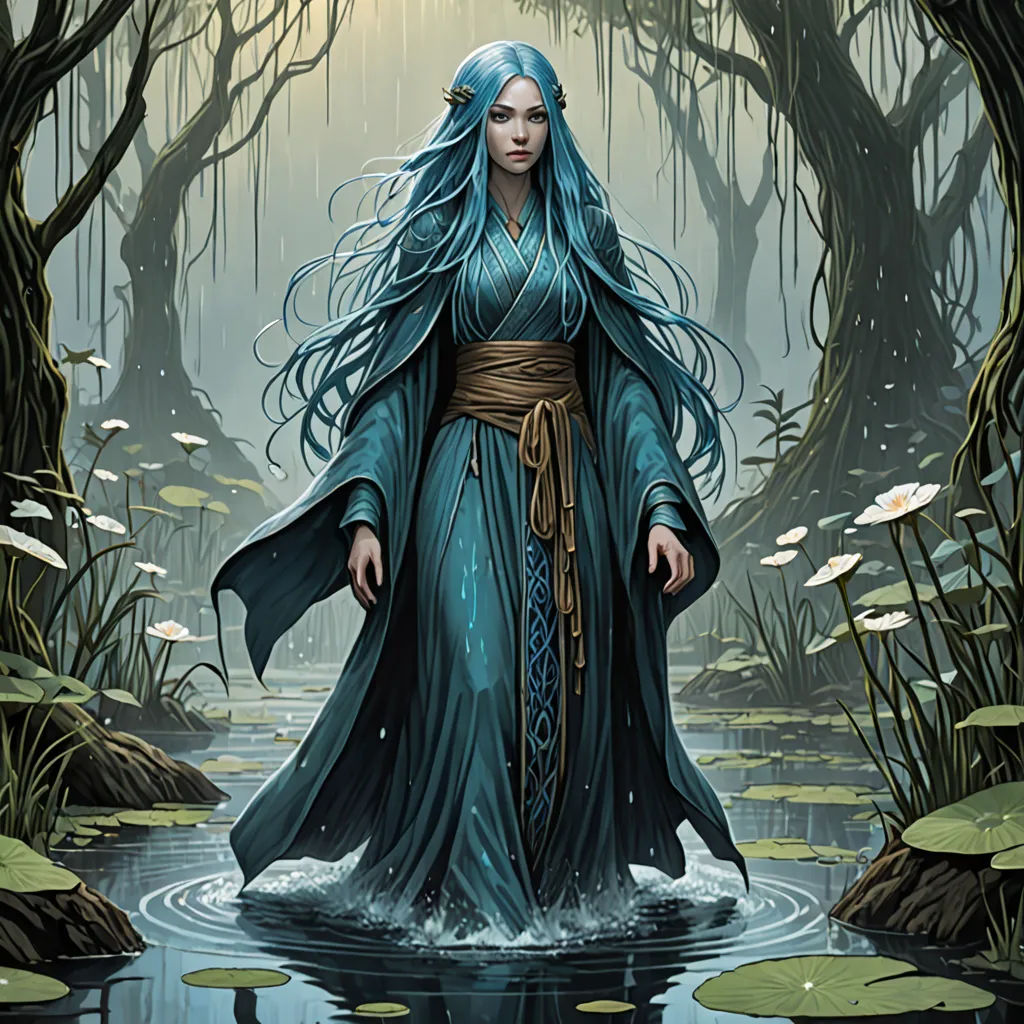 a woman in a blue dress standing in a swampy area with lily pads and trees around her, with a flowing stream in front of water, Donato Giancola, fantasy art, a storybook illustration, magic the gathering artwork