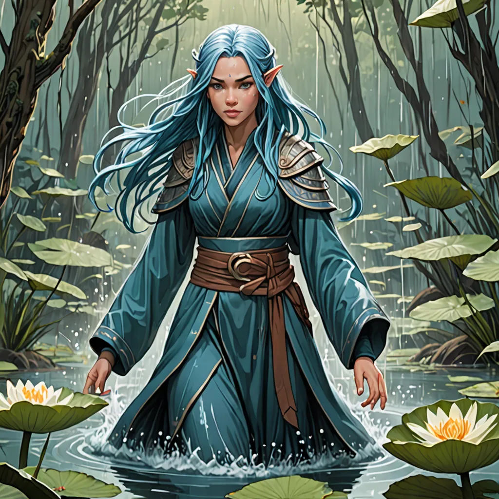 a woman in a blue dress standing in a pond of water with lily pads and a dragon on her arm, Donato Giancola, fantasy art, a character portrait, magic the gathering artwork