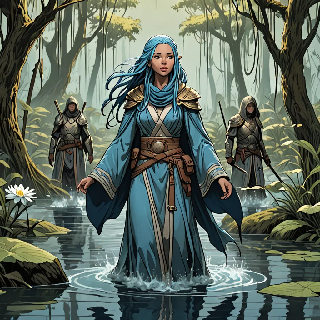 a woman in a blue dress standing in a river surrounded by trees and flowers with two other people in the background, Clint Cearley, fantasy art, a comic book panel, magic the gathering artwork