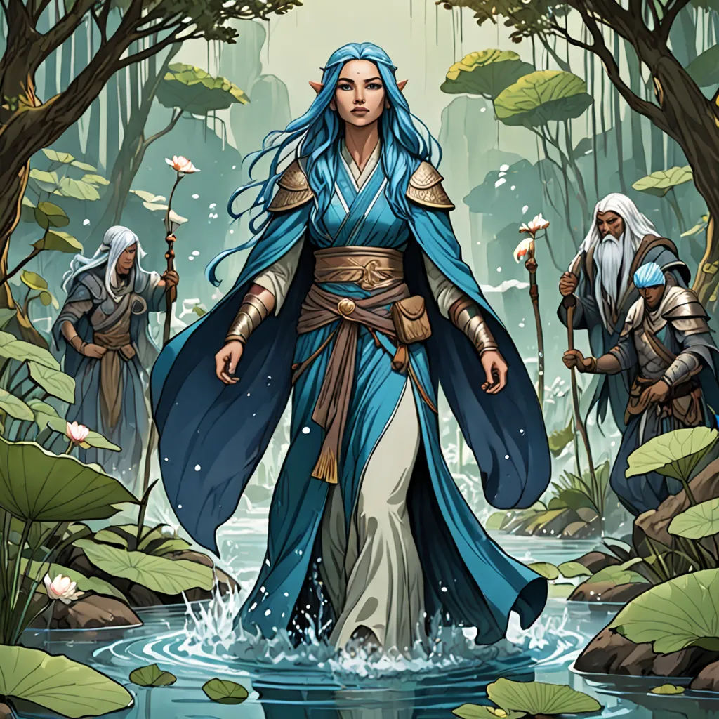 a woman in a blue dress walking through a forest with two other people in the background and a pond of water, Donato Giancola, fantasy art, a comic book panel, magic the gathering artwork