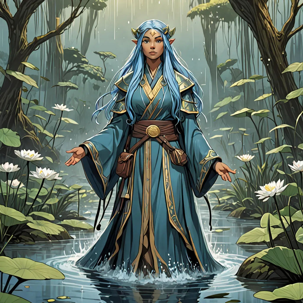 a woman in a blue dress standing in a swamp with lily pads and trees in the background, with a rain falling on her, Donato Giancola, fantasy art, a character portrait, magic the gathering artwork