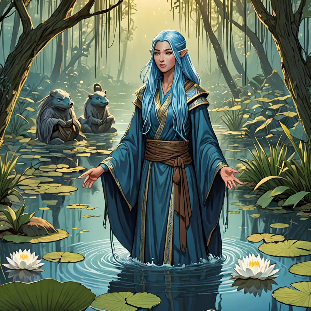a woman in a blue dress standing in a pond of water with lily pads and a frog in the background, Donato Giancola, fantasy art, a storybook illustration, magic the gathering artwork