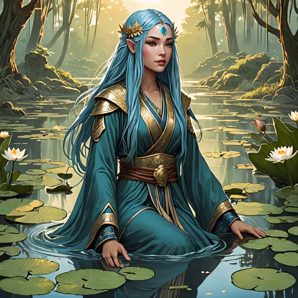 a woman in a blue dress sitting in a pond of water with lily pads on the ground and trees in the background, Donato Giancola, fantasy art, a character portrait, magic the gathering artwork