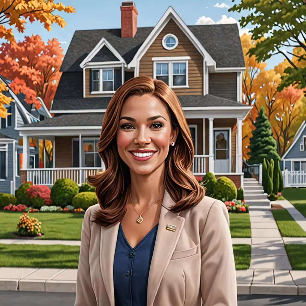 a woman standing in front of a house with a real estate in the background and a real estate sign in the foreground, american scene painting, a character portrait, Brenda Chamberlain, promotional image