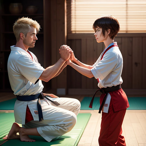 a man and a woman in karate attire standing on a mat with their hands together in a fist bump