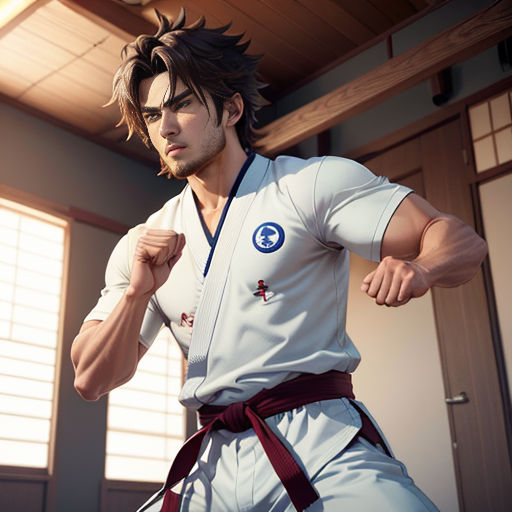 a man in a karate stance in a room with windows and a ceiling fan behind him, with a red belt around his waist