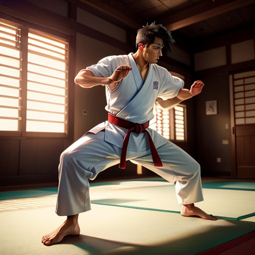 a man in a karate stance on a mat in a room with windows and blinds on the side of the room
