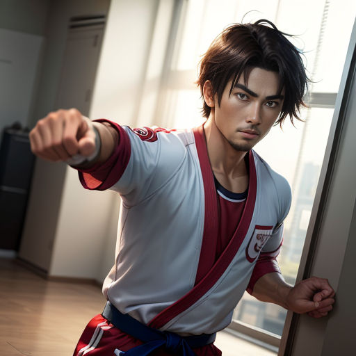 a man in a white shirt and red shorts is pointing at something with his right hand and his left arm