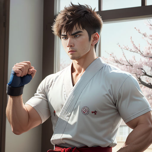 a man in a karate outfit holding a blue object in his hand and looking at the camera with a serious look on his face
