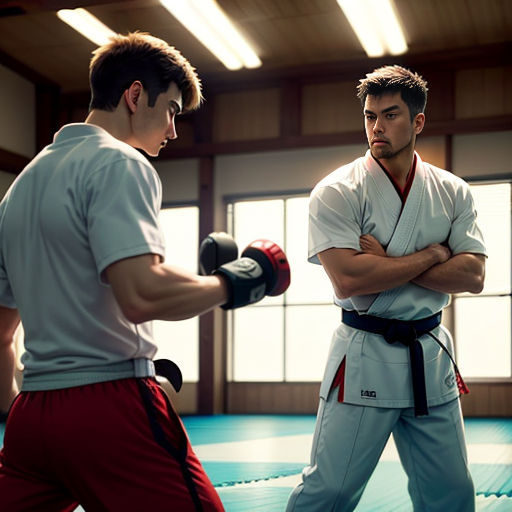 two men in a gym with their arms crossed and one man wearing a white shirt and red pants is standing in front of a window