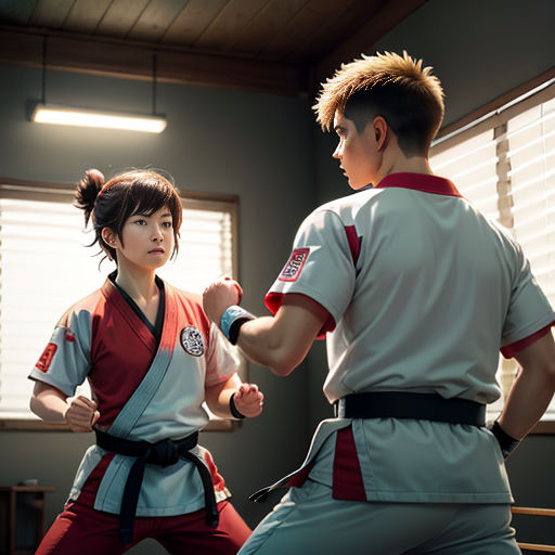 a man and a woman in a martial stance in a room with blinds on the windows and blinds on the windows