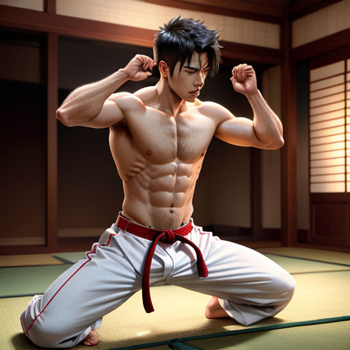 a man with a shirt on is doing karate moves in a room with tatami mats and a window
