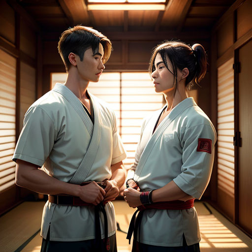 a man and a woman standing in a room with blinds on the windows and a door open to the room