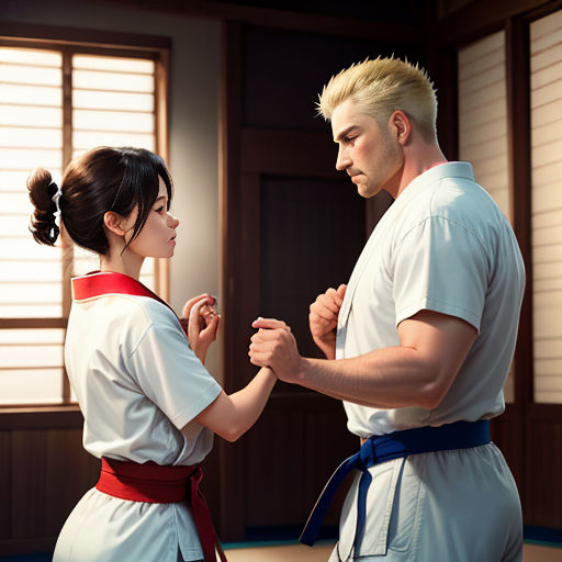 a man and woman in karate attire standing in a room with windows and blinds on the wall, facing each other