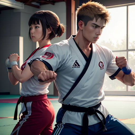 a man and a woman in a martial stance in a gym area with a window behind them and a green floor