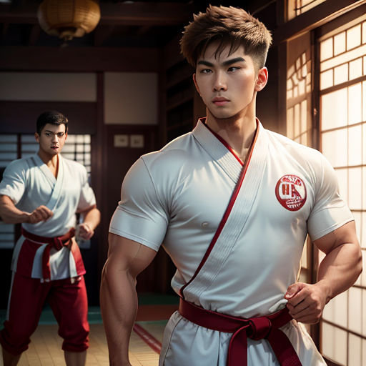 two men in karate uniforms standing in a room with a window and a door behind them, one of them is wearing a red belt