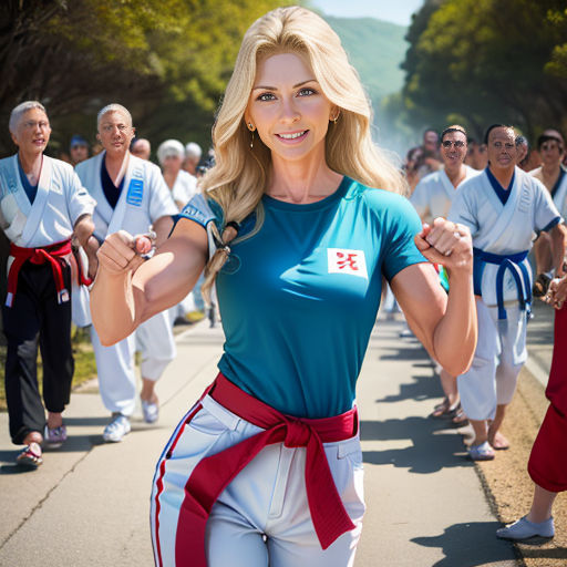 a woman in a blue shirt and white pants is dancing with a group of people behind her on a sidewalk