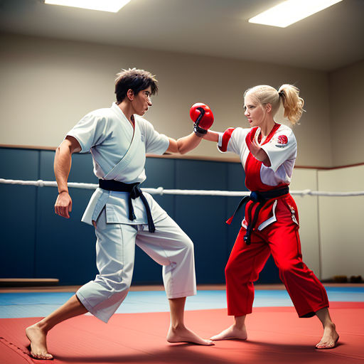 a man and woman in a karate stance on a red mat with a white belt and black belt on