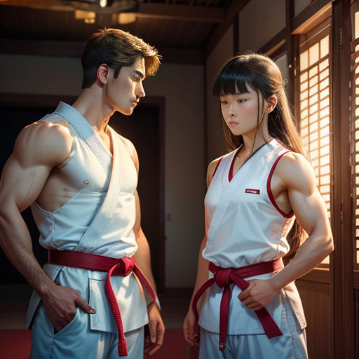 a man and a woman standing next to each other in a room with a window and blinds on the wall