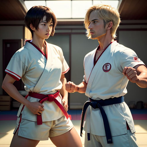 two people in karate uniforms standing next to each other in a gym area with a skylight overhead and a door in the background