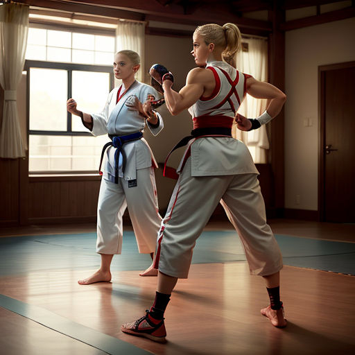 two women in karate uniforms are practicing karate moves in a gym area with a window in the background and a wooden floor
