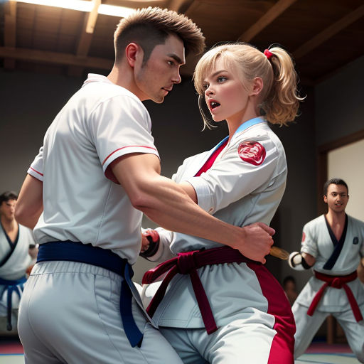 a man and woman in karate gear in a gym with others in the background watching them perform a karate move