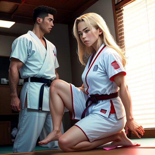 a man and a woman in karate uniforms standing next to each other in a room with a window and blinds