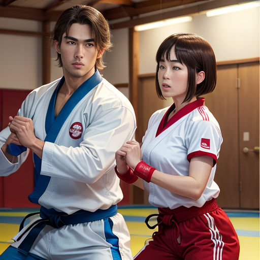 a man and a woman in karate uniforms standing next to each other in a gym area with a yellow floor