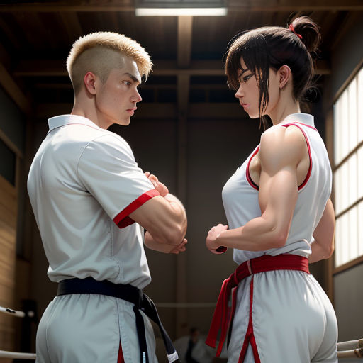a man and a woman in karate outfits standing next to each other in a gym area with a pair of scissors