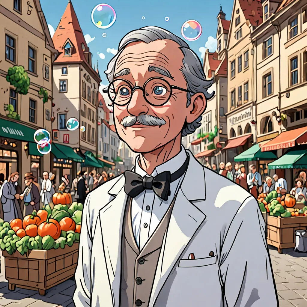 a man in a suit and bow tie standing in front of a market with bubbles floating in the air, a character portrait, official art, viennese actionism, David Brewster