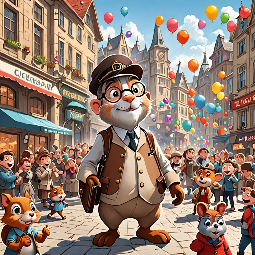 a cartoon character is surrounded by a crowd of people and animals in a town square with balloons in the air, a storybook illustration, official art, furry art, Chris LaBrooy