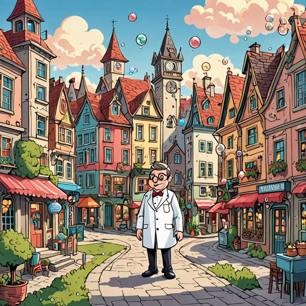 a man in a white coat standing in a street in front of a building with a clock tower on it, a storybook illustration, official art, analytical art, Colin Middleton