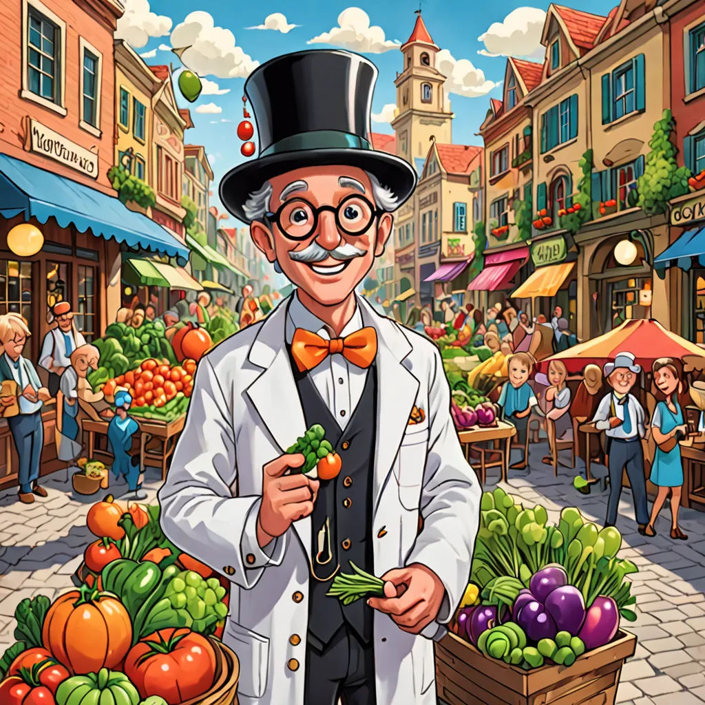 a man in a top hat and glasses holding a carrot in a market place with a crowd of people, a storybook illustration, official art, regionalism, David Brewster