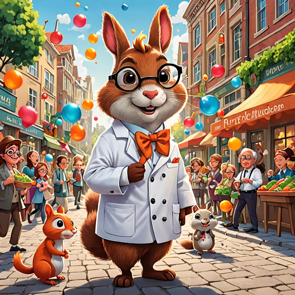 a cartoon character is standing in front of a crowd of people and a squirrel with glasses on his head, a digital rendering, promotional image, furry art, Chris LaBrooy
