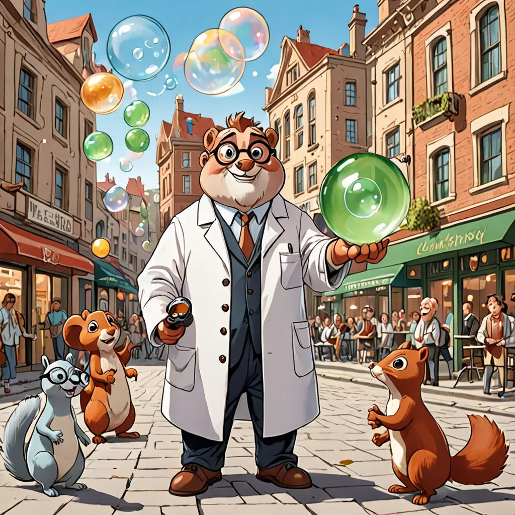 a man in a white coat and some animals and bubbles in the air and buildings and people on the street, a comic book panel, official art, furry art, Chris LaBrooy