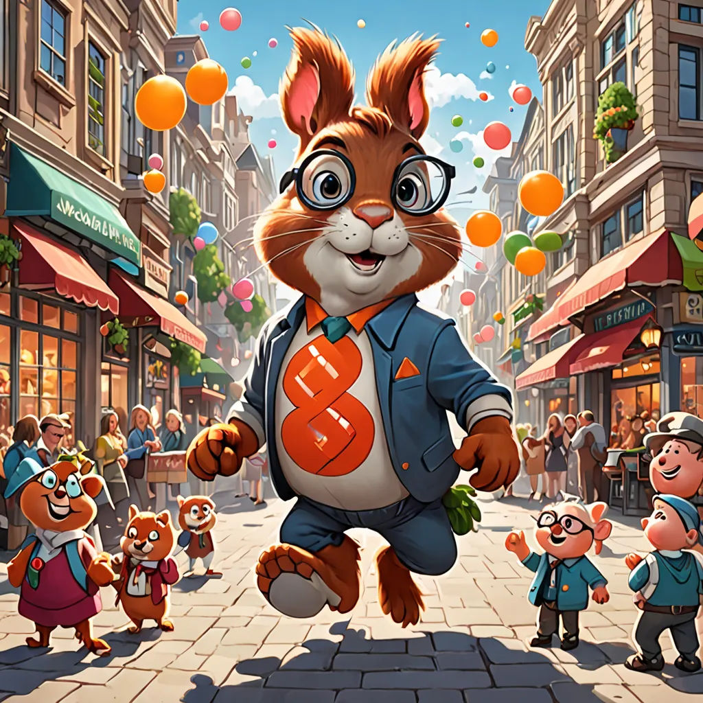 a cartoon character is running through a city street with many small children and a squirrel in front of him, a digital rendering, behance hd, furry art, Chris LaBrooy