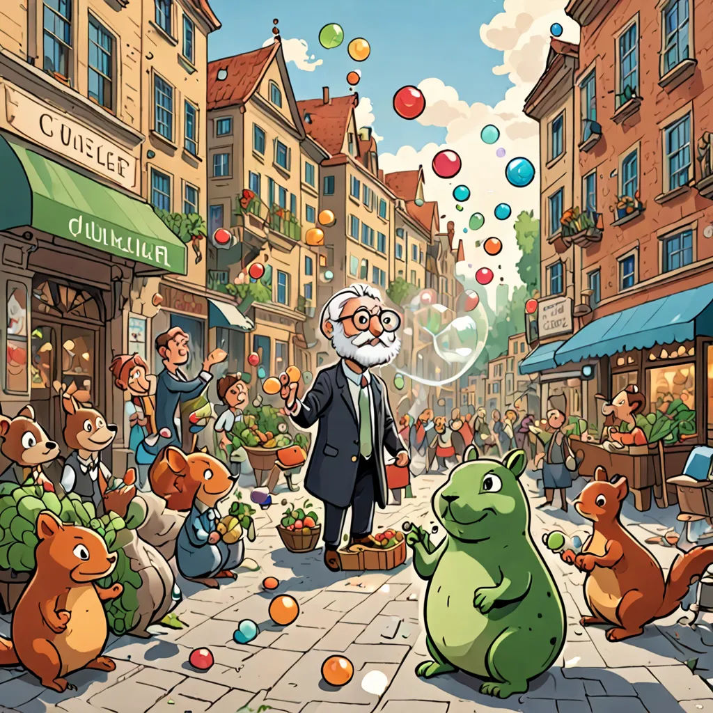a man standing in front of a crowd of animals in a city street with balloons floating in the air, a storybook illustration, storybook illustration, magical realism, Diego Gisbert Llorens