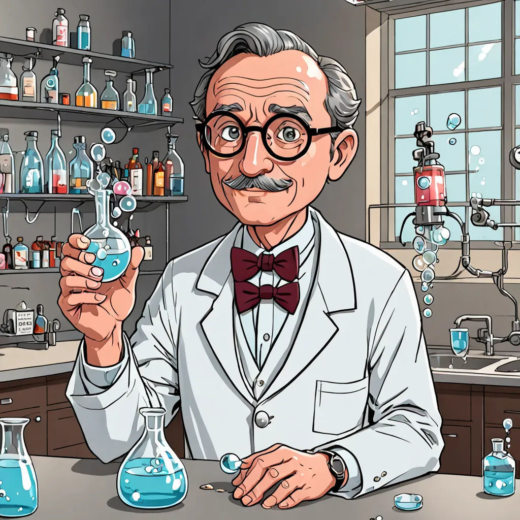 a man in a lab coat holding a beakle with a liquid inside of it and a beakle with a liquid inside, a character portrait, high detail illustration, academic art, Diego Gisbert Llorens