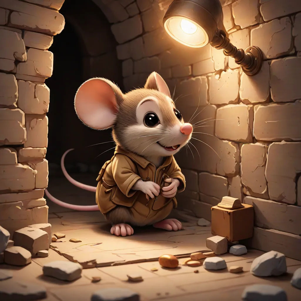 a mouse sitting in a tunnel with a light on it's head and a brick wall behind it, sots art, a digital painting, Art Spiegelman, rossdraws global illumination