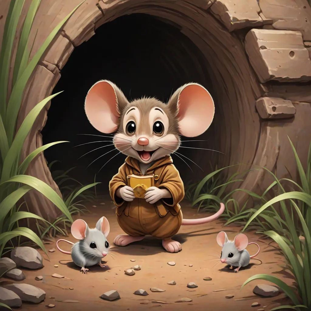 a mouse and two mice in a cave with a stone entrance illustration by alex krawcskik, fantasy art, a storybook illustration, Dan Mumford, game art