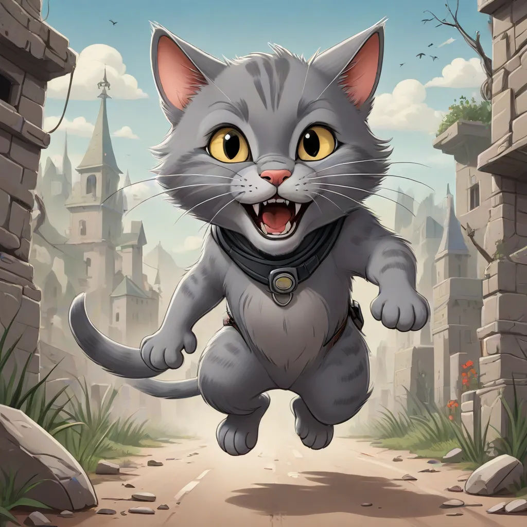 a cat is running down a path in a cartoon style with a castle in the background and a sky with clouds, sots art, a character portrait, Ada Gladys Killins, game art