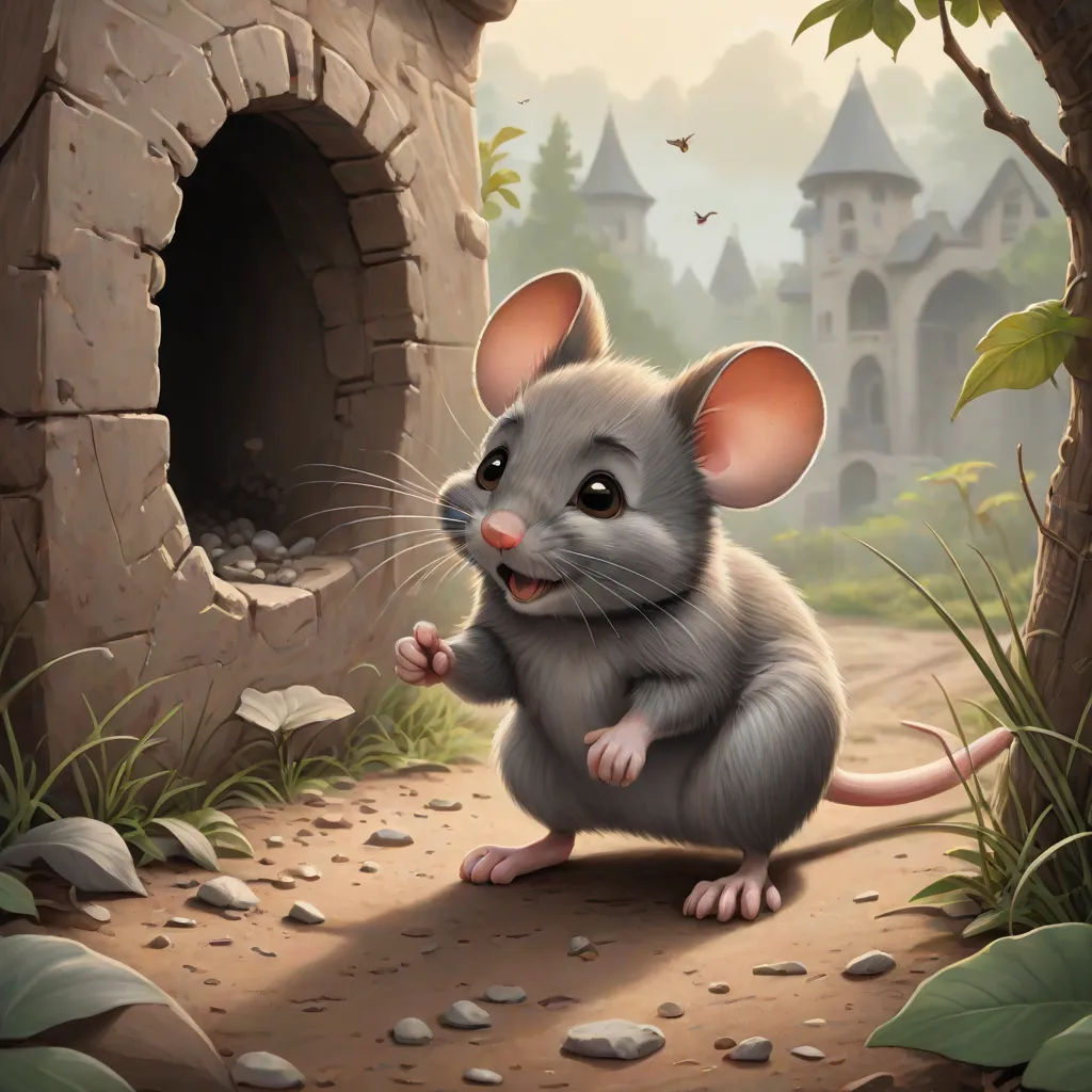 a mouse is standing in front of a stone tunnel and looking at the camera with a smile on its face, fantasy art, a storybook illustration, Chris LaBrooy, magic the gathering artwork