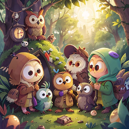 a group of owls standing in the woods with a forest background and a forest scene with a group of owls