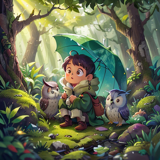 a little boy sitting on a tree stump with an umbrella in the forest with owls around him and a forest background