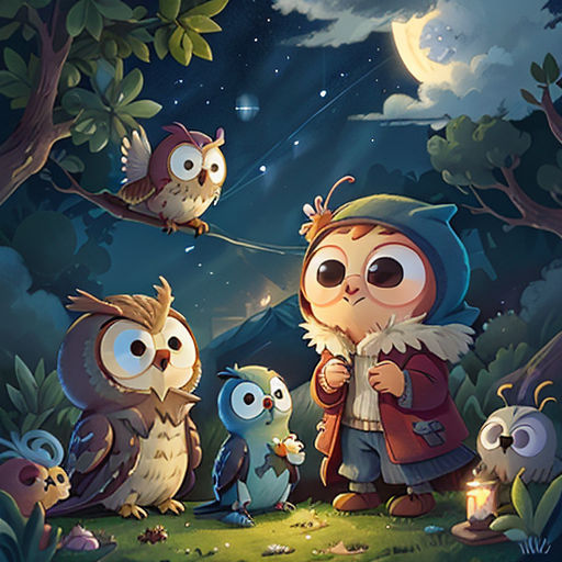 a little boy standing next to owls in the forest at night with a full moon behind him and a little owl sitting on a tree branch