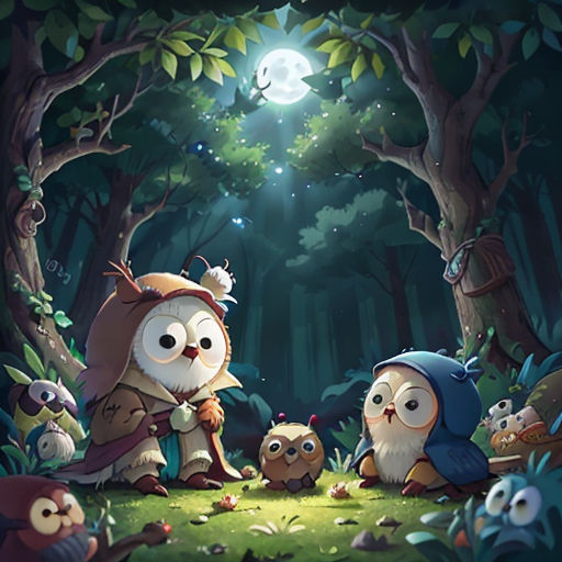 an owl family in the woods with a full moon in the background and a forest scene with owls and a full moon in the background