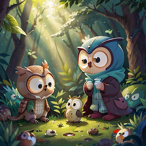 two owls and a bird in the woods with sunlight shining through the trees behind them, and a person standing next to them