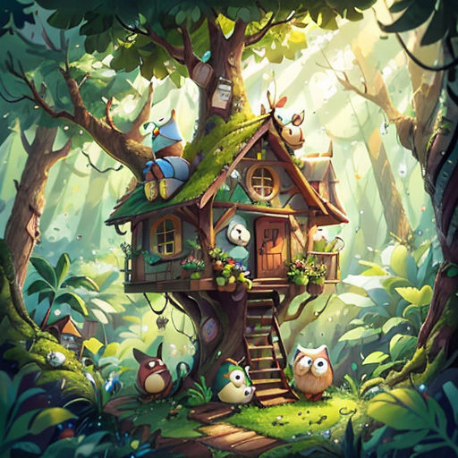 a tree house with many owls on it in the woods with a ladder to the roof and a ladder to the roof